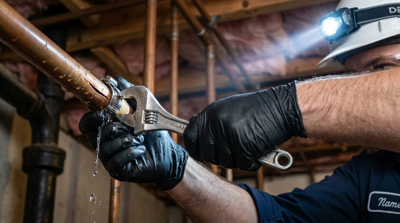 Emergency pipe clamp repair being performed by a Johns Plumbing LLC plumber in Hyannis