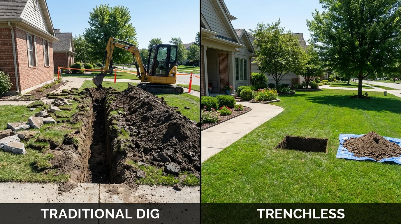 Trenchless sewer repair with minimal yard damage versus traditional excavation in Hyannis, NE